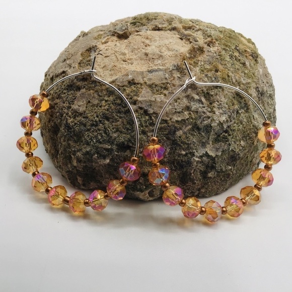 EARRINGS Hoop Boho Beads Rondelle Faceted Peach Copper Color Silver Tone Jewelry - Picture 2 of 8